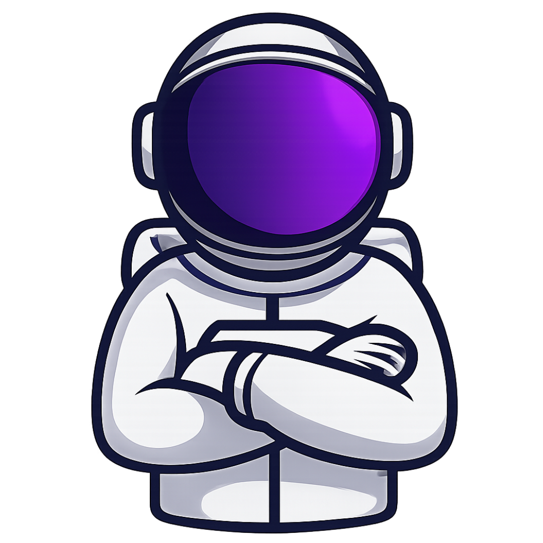 Astronaut with purple gradient helmet in a digital marketing and web design company workspace